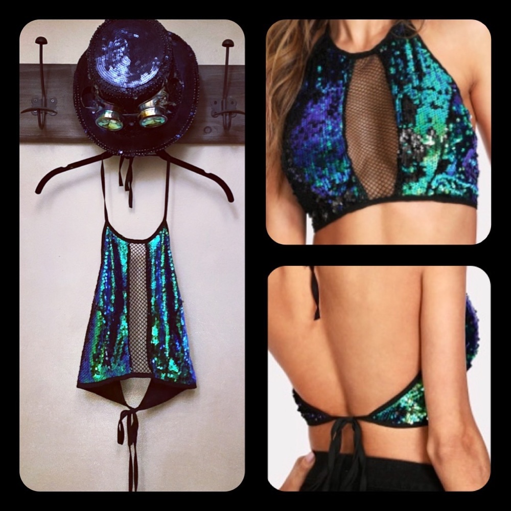 Sequin Embellished Mesh Teal, Blue & Green String Halter Top-L